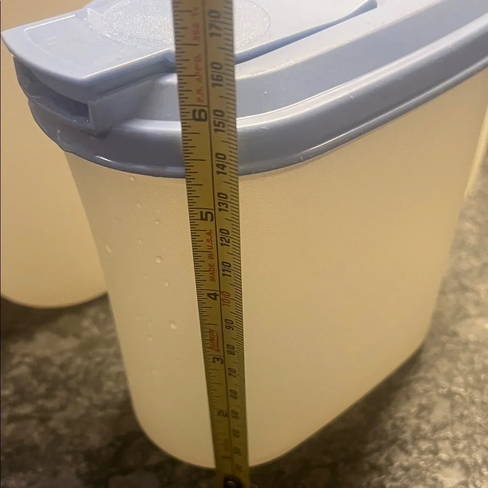 Set of Two Slim Line Plastic Storage pitchers with Blue Flip Lids by Tupperware